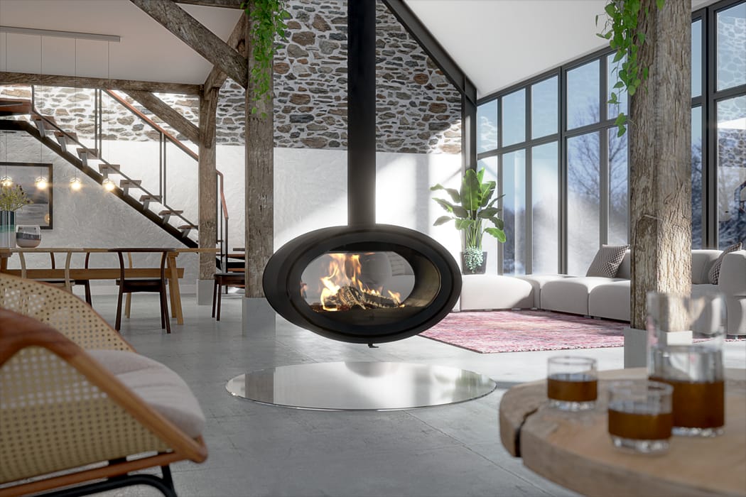 Cheminée Poêle Design aérien sur-mesure de luxe — création Forget Flammes Maroc
