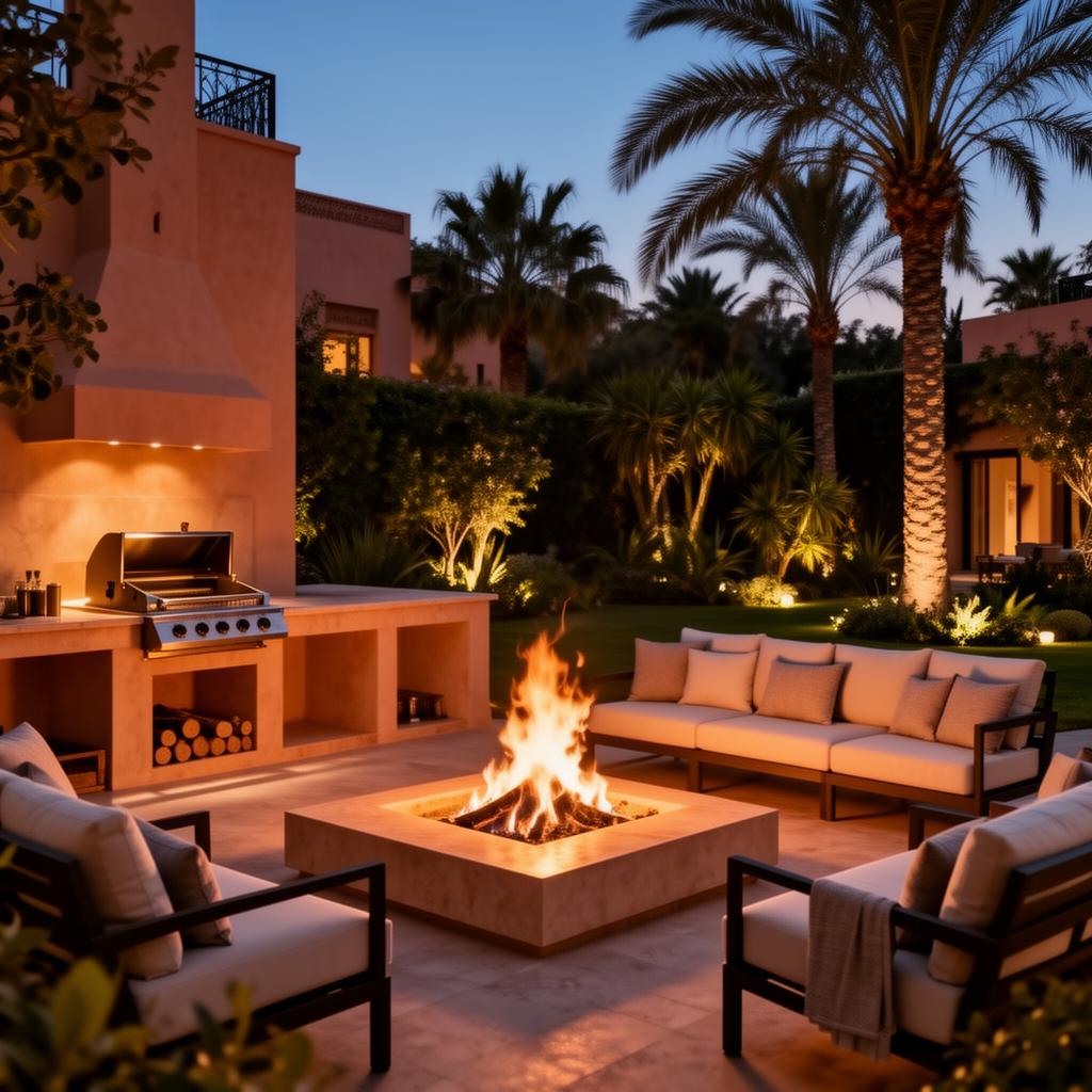 Cheminée extérieure et brasero design sur terrasse de villa de luxe au Maroc