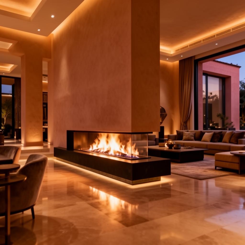 Cheminée design sur-mesure dans un salon contemporain de luxe — réalisation Forget Flammes Maroc